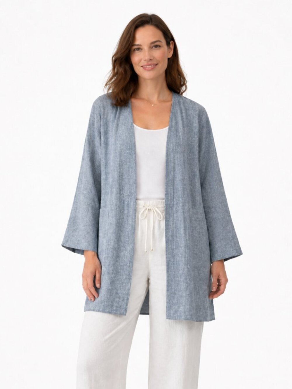 Eileen Fisher Linen Jacket Gray Blue Cardigan Classic Summer Small